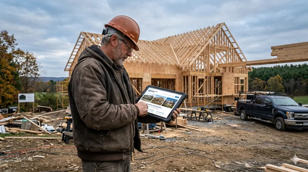 Contractor scrolling through website on job site