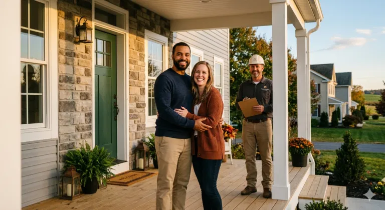 Happy homeowners on the front porch after the construction work is finished