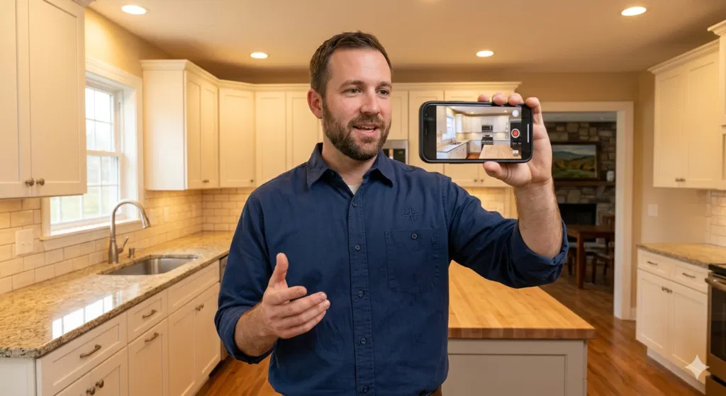 A contractor taking a video in front of a finished project to do video marketing on his website