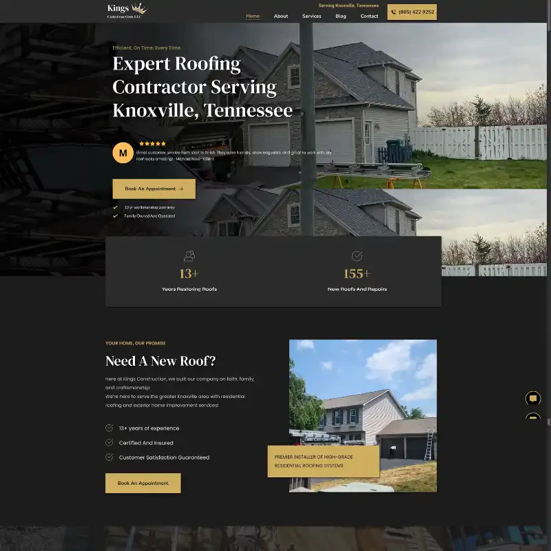 Screenshot of roofing website