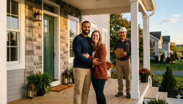 Happy homeowners on the front porch after the construction work is finished