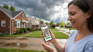 A homeowner outside, looking at our roof for a while, searching for a roofing contractor on her phone